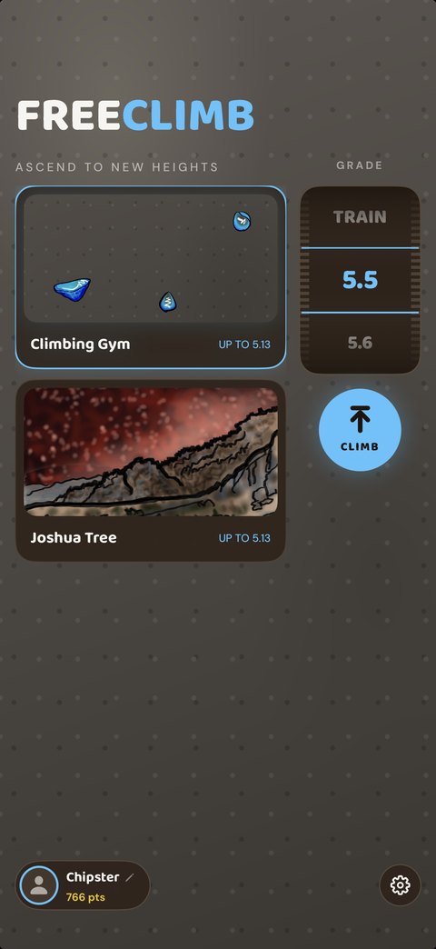 The Free Climb home screen showing the Climbing Gym and Joshua Tree